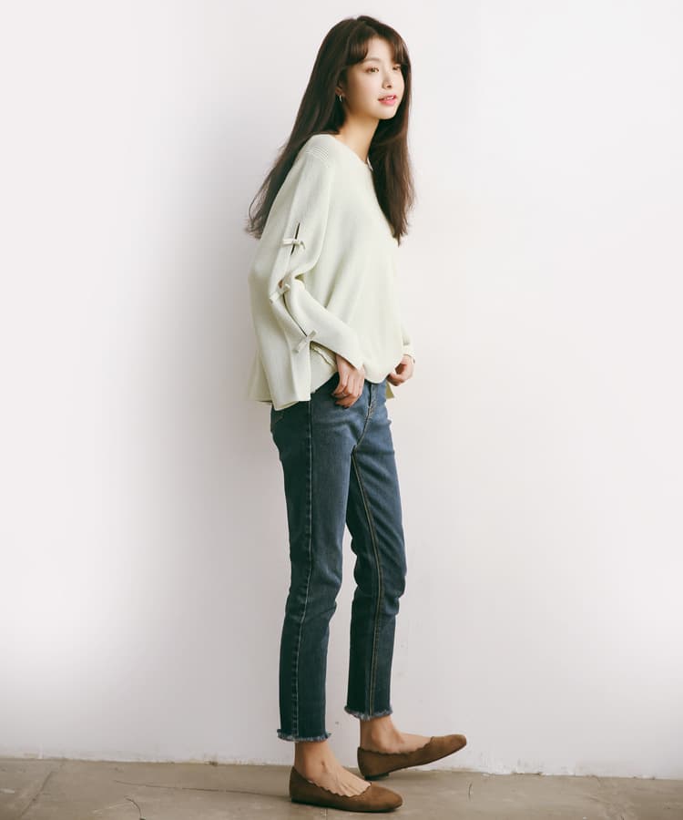 ブルベ夏/ブルベ冬服 袖リボン装飾ゆったりニット