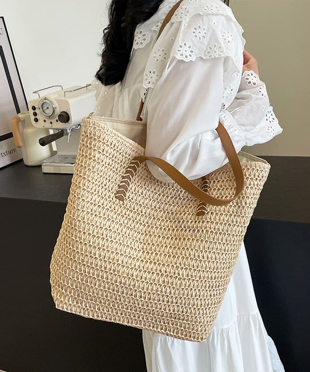 ブルベ夏/ブルベ冬服 涼やか麦わらバッグ 大容量トートかごバッグ