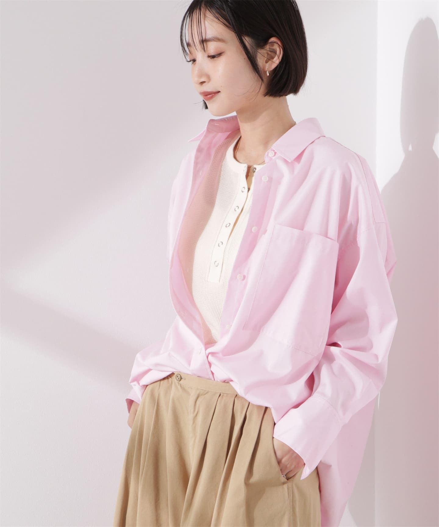 ブルベ夏/ブルベ冬服 涼やかワッフル編みヘンリーネックＴシャツ