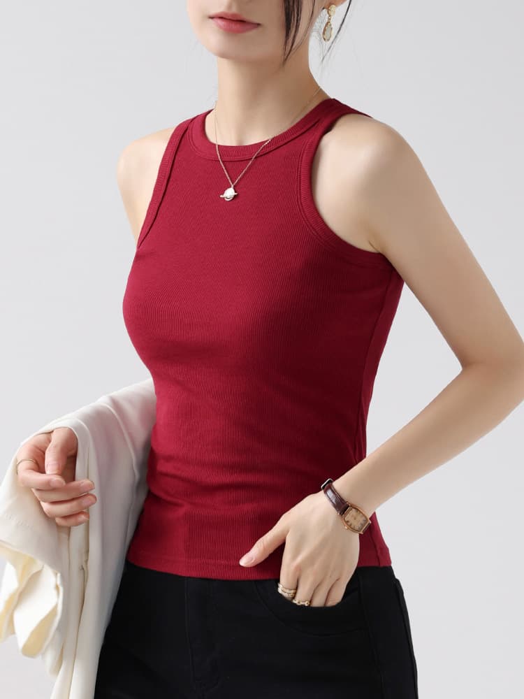 ブルベ夏/ブルベ冬服 リブ編み丸首ノースリーブトップス