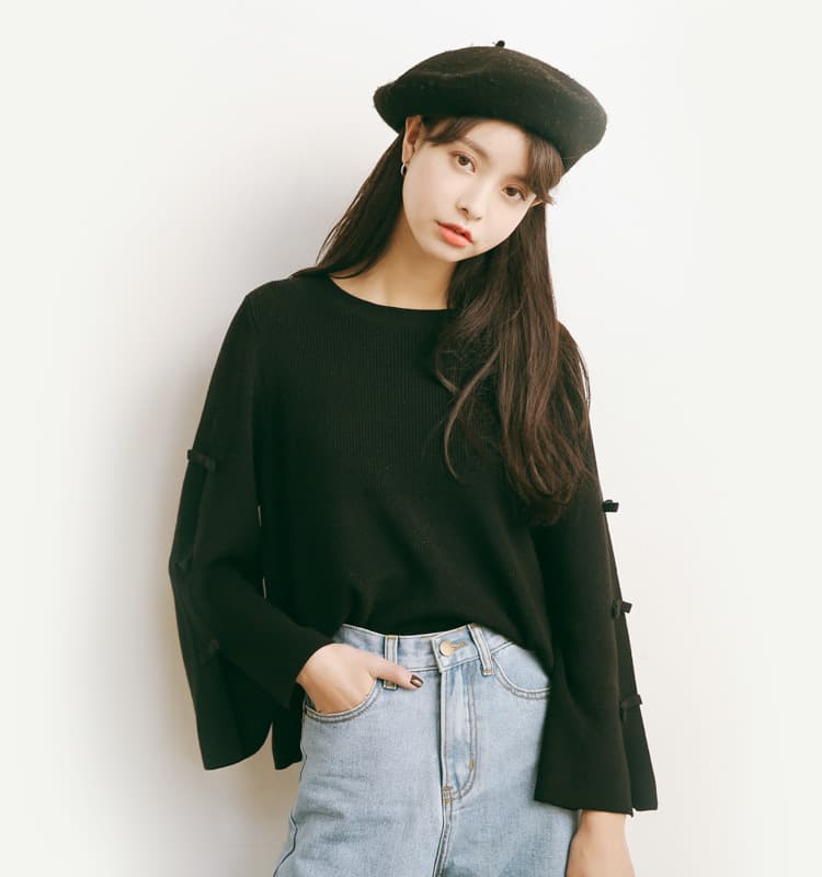 ブルベ夏/ブルベ冬服 袖リボン装飾ゆったりニット