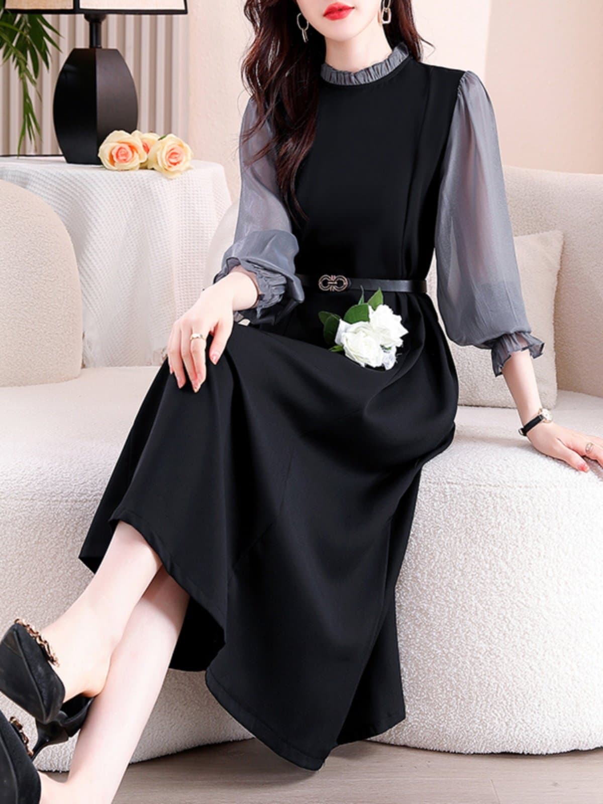 ブルベ冬服　透け感袖シアーフリル襟付きベルト付きワンピース