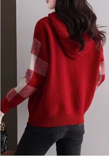 ブルベ夏/ブルベ冬服　立体ケーブル編みフード付き切替袖ニットパーカー