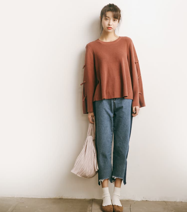 ブルベ夏/ブルベ冬服 袖リボン装飾ゆったりニット