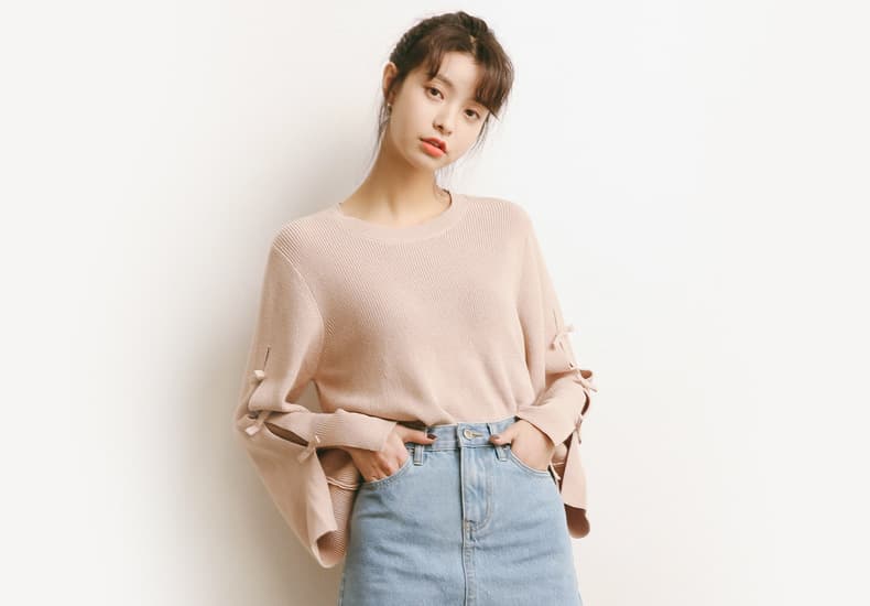 ブルベ夏/ブルベ冬服 袖リボン装飾ゆったりニット