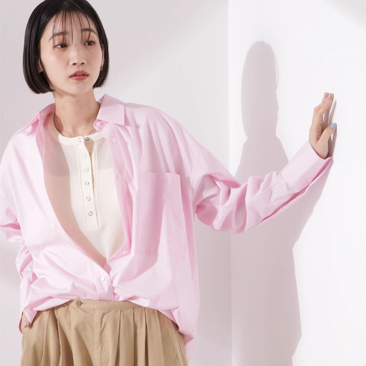 ブルベ夏/ブルベ冬服 涼やかワッフル編みヘンリーネックＴシャツ