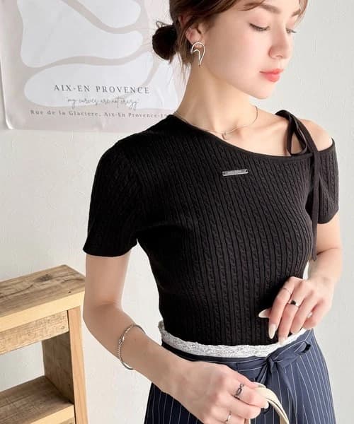 ブルベ夏/ブルベ冬服 リボンネックケーブル編みニット