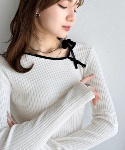 ブルベ夏/ブルベ冬服 リボン結び細リブ柔らかニット