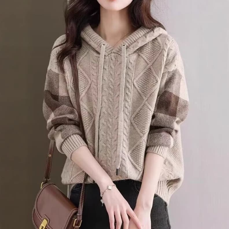 ブルベ夏/ブルベ冬服　立体ケーブル編みフード付き切替袖ニットパーカー