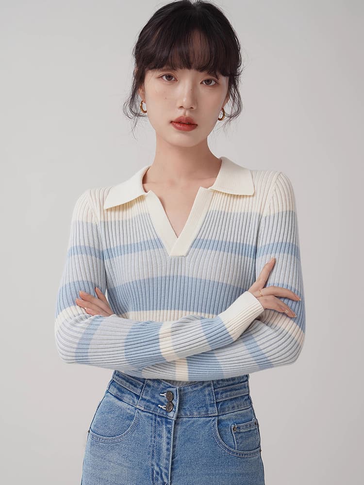 ブルベ夏/ブルベ冬服 襟付き横縞リブニット