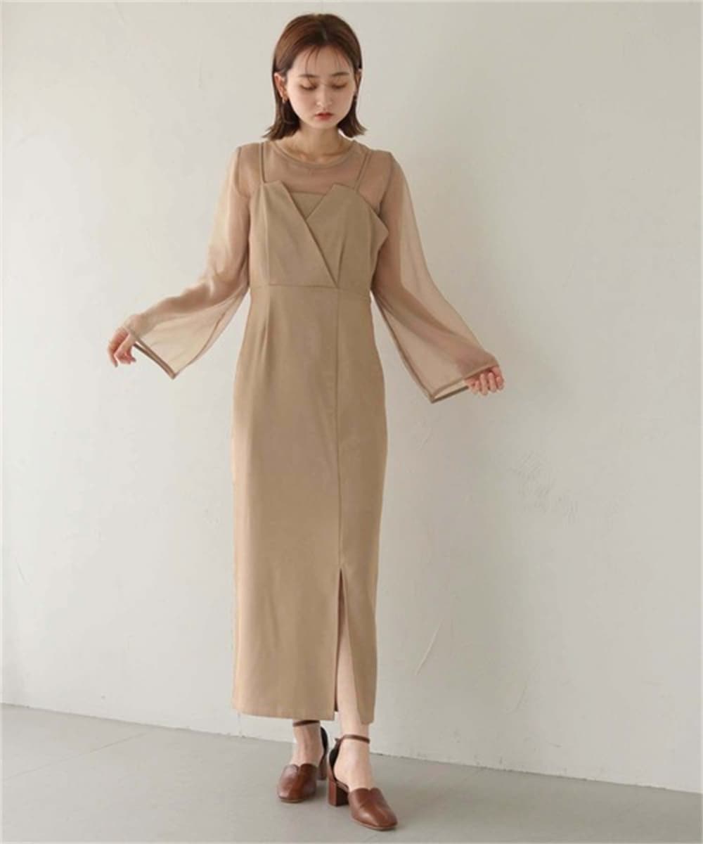 ブルベ夏服 シアー袖レイヤードロングワンピース