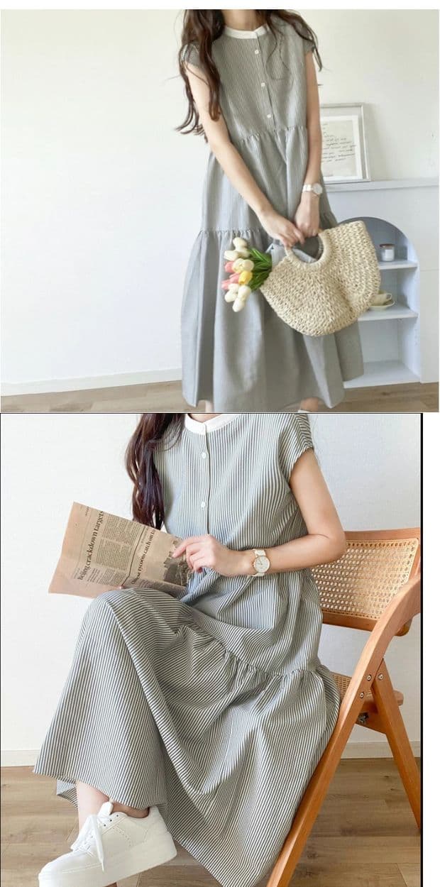 ブルベ夏/ブルベ冬服 爽やか縦縞ティアードワンピース