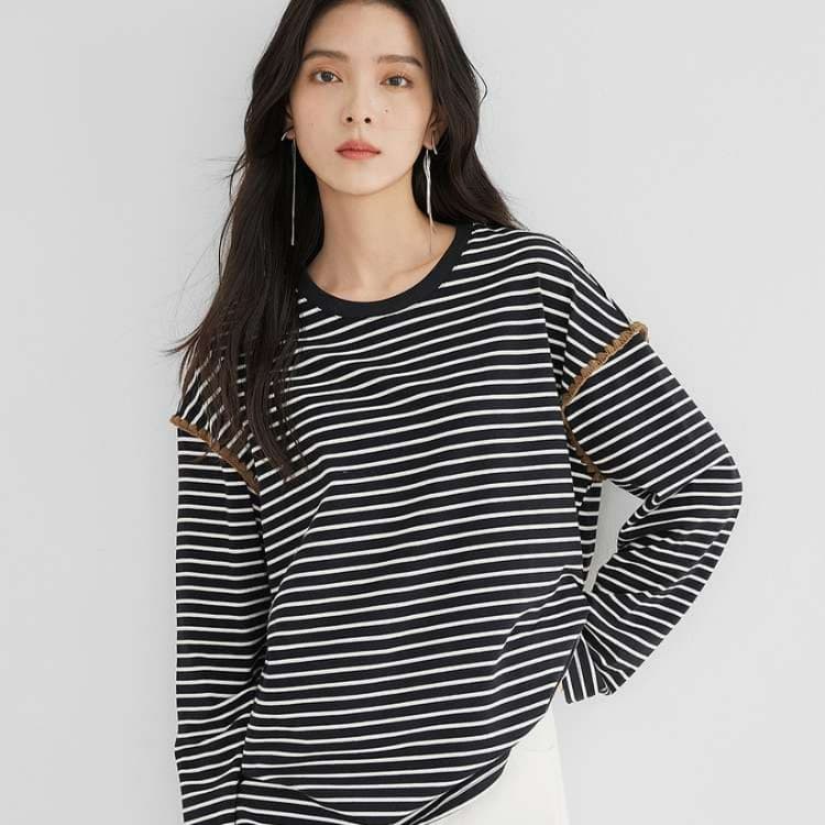 ブルベ夏/ブルベ冬服 縞模様 ラウンドネックロングTシャツ