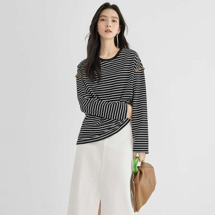 ブルベ夏/ブルベ冬服 縞模様 ラウンドネックロングTシャツ