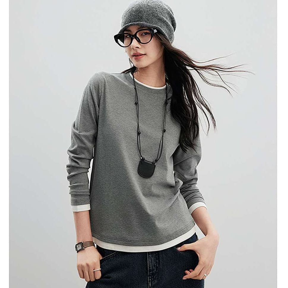 ブルベ夏/ブルベ冬服 重ね着風ラウンドネック長袖トップス