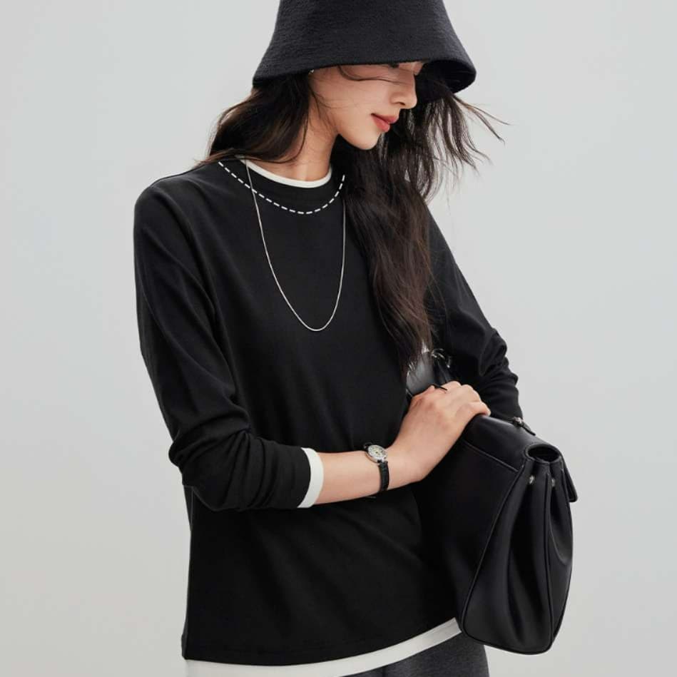 ブルベ夏/ブルベ冬服 重ね着風ラウンドネック長袖トップス