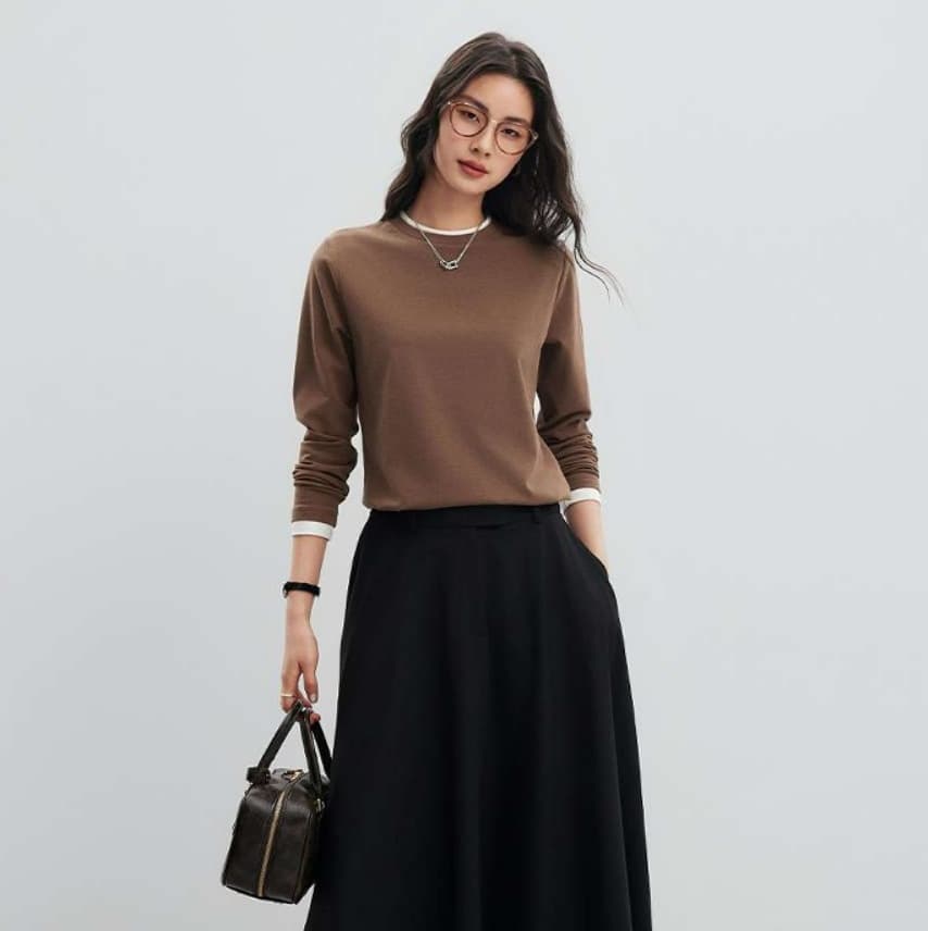 ブルベ夏/ブルベ冬服 重ね着風ラウンドネック長袖トップス