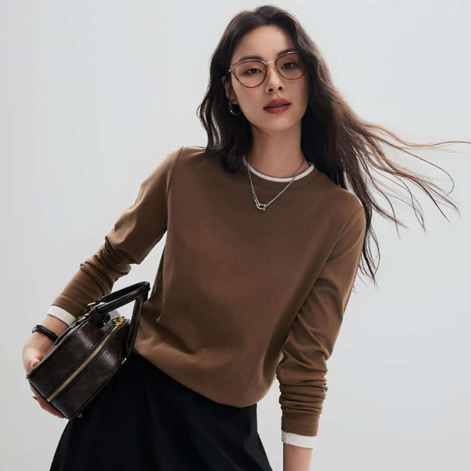 ブルベ夏/ブルベ冬服 重ね着風ラウンドネック長袖トップス