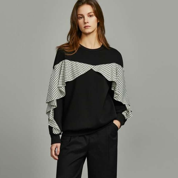 ブルベ夏/ブルベ冬服 チェック柄フリルデザインプルオーバー