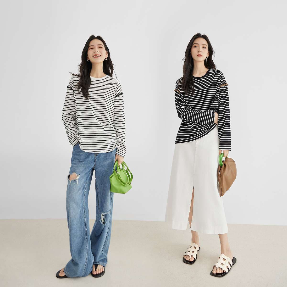 ブルベ夏/ブルベ冬服 縞模様 ラウンドネックロングTシャツ