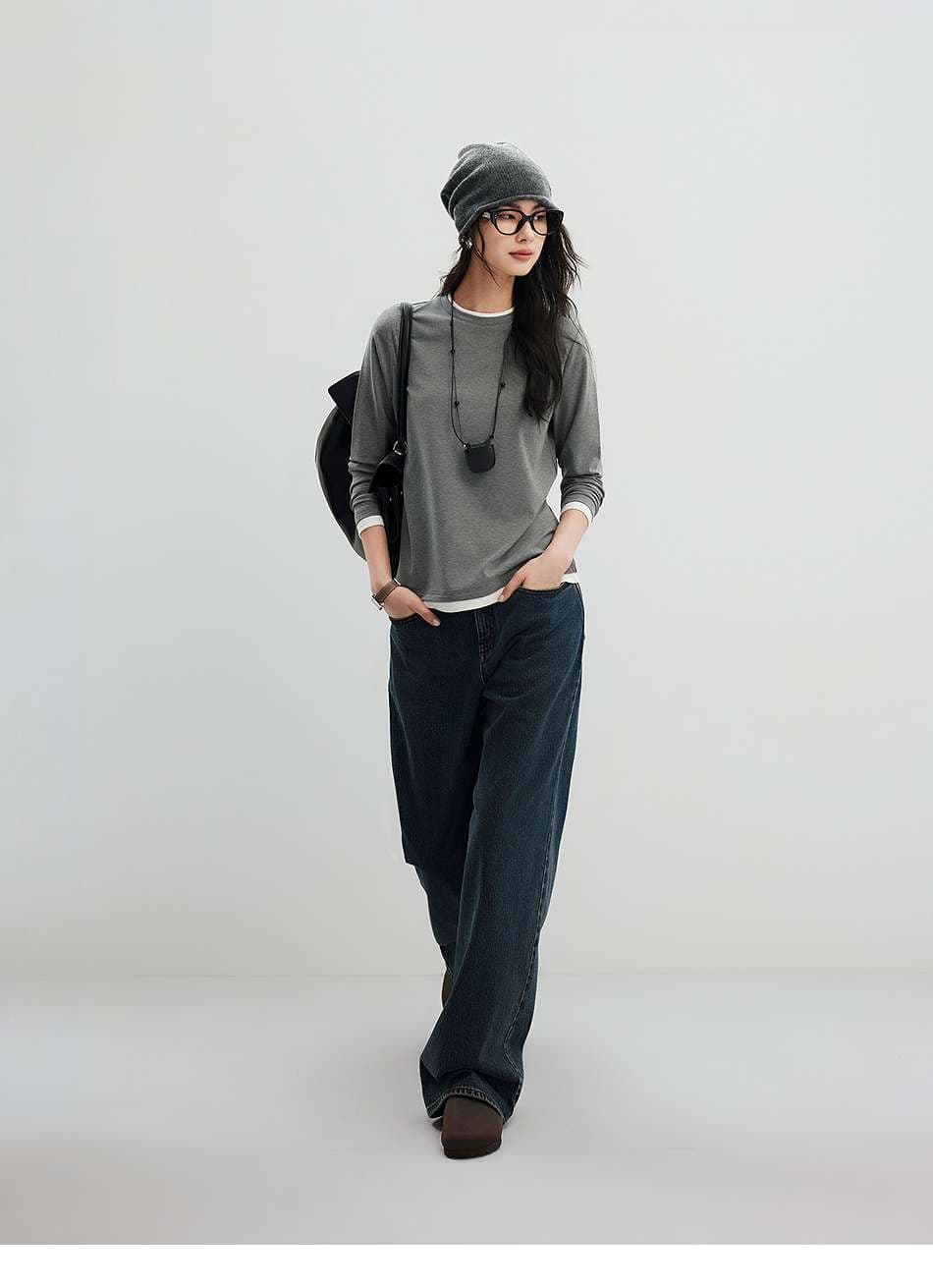 ブルベ夏/ブルベ冬服 重ね着風ラウンドネック長袖トップス