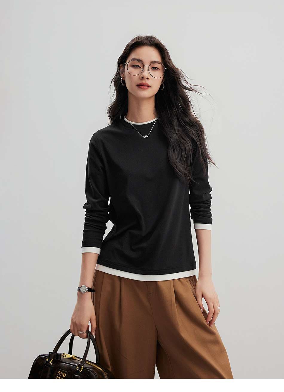 ブルベ夏/ブルベ冬服 重ね着風ラウンドネック長袖トップス