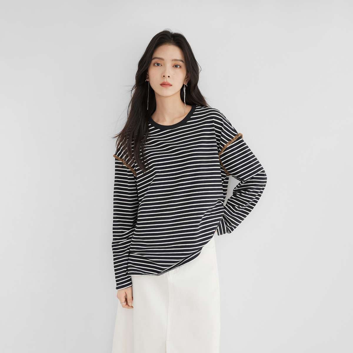 ブルベ夏/ブルベ冬服 縞模様 ラウンドネックロングTシャツ