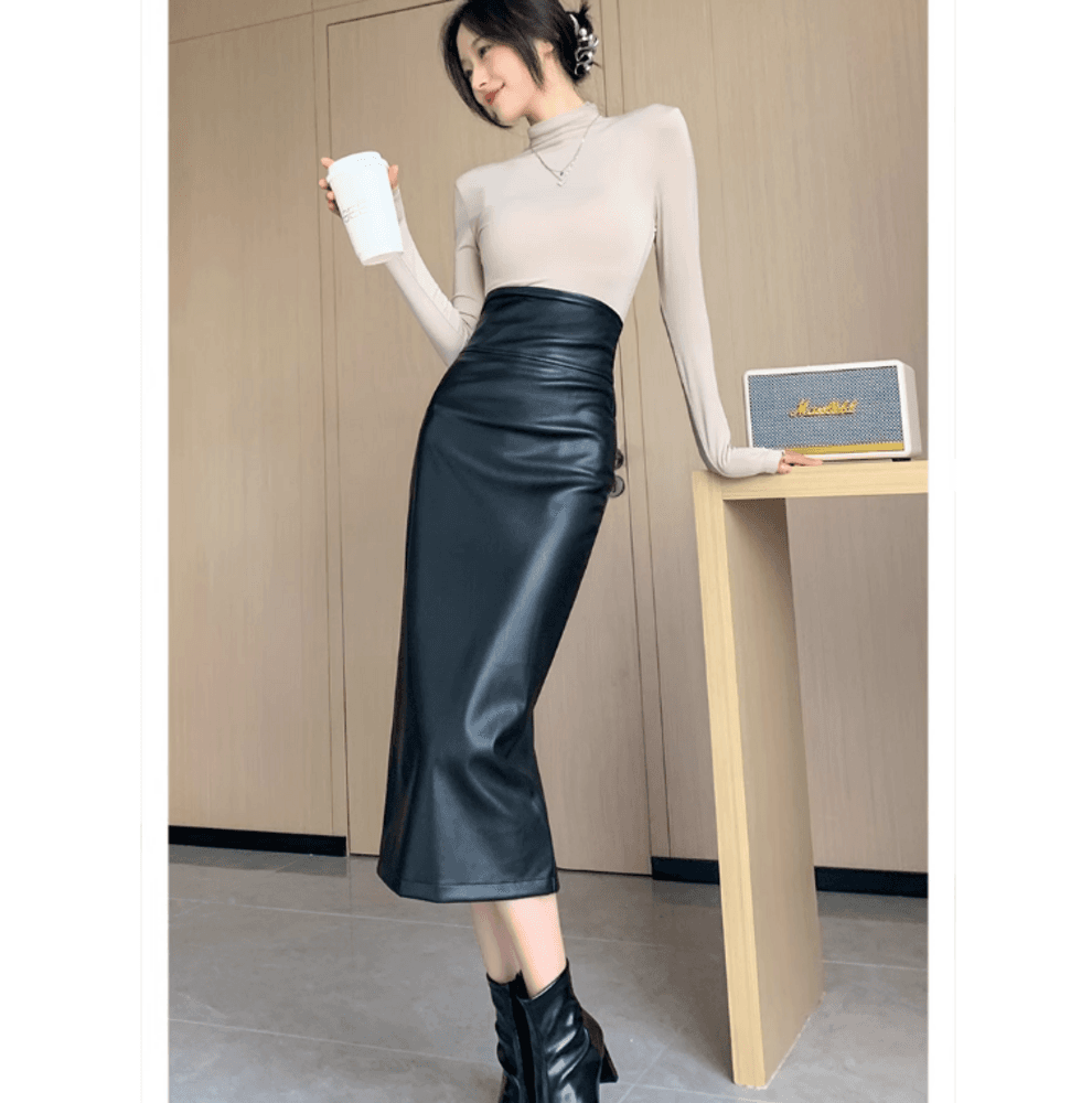 ブルベ冬服 ハイウエスト レザースカート