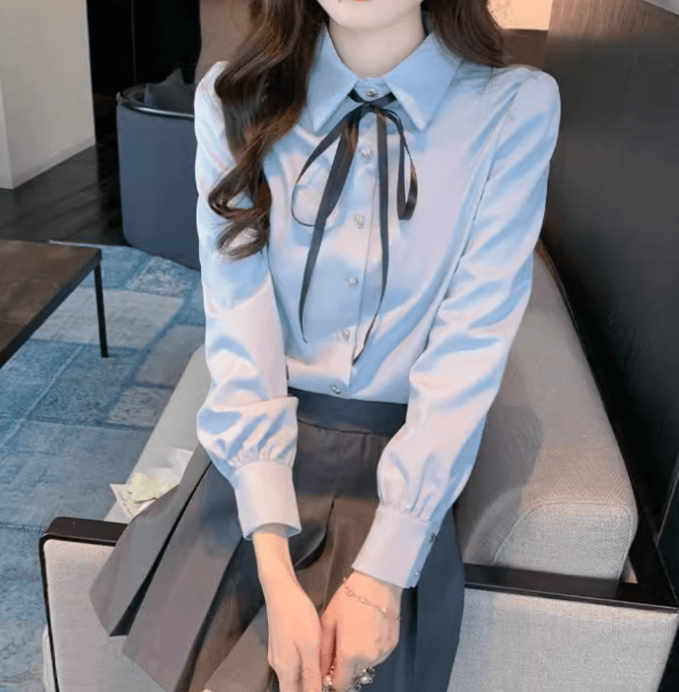 ブルベ夏服 リボン付きシャツブラウス