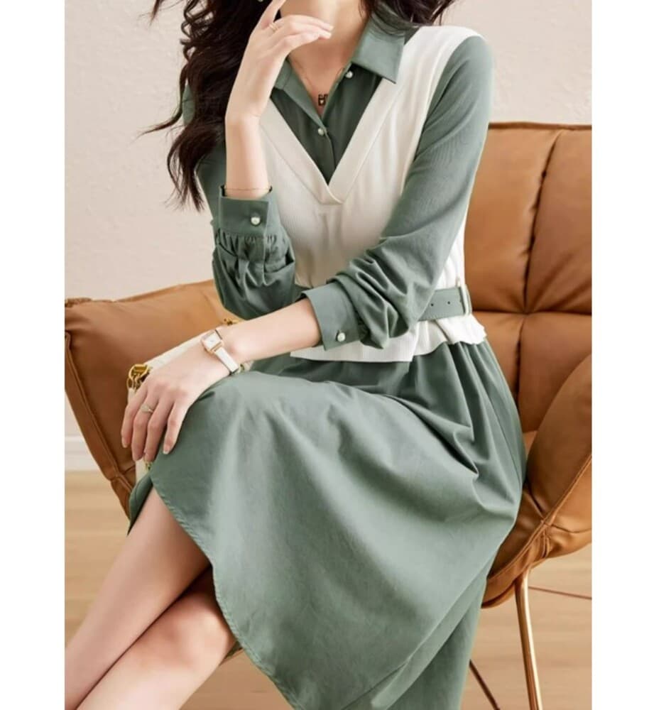 ブルベ夏/ブルベ冬服 ベルト付きレイヤードワンピース