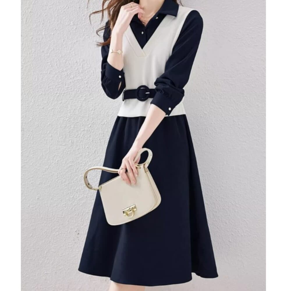 ブルベ夏/ブルベ冬服 ベルト付きレイヤードワンピース