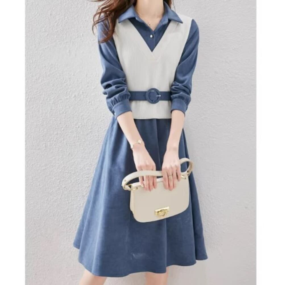 ブルベ夏/ブルベ冬服 ベルト付きレイヤードワンピース