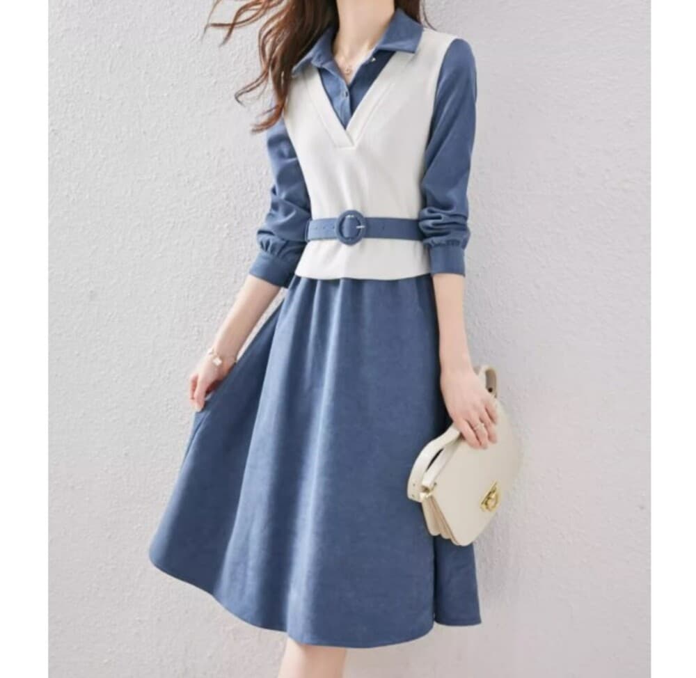 ブルベ夏/ブルベ冬服 ベルト付きレイヤードワンピース