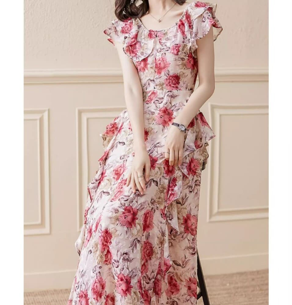 ブルベ夏/ブルベ冬服 シフォン花柄ワンピース