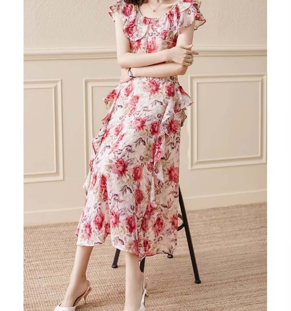 ブルベ夏/ブルベ冬服 シフォン花柄ワンピース