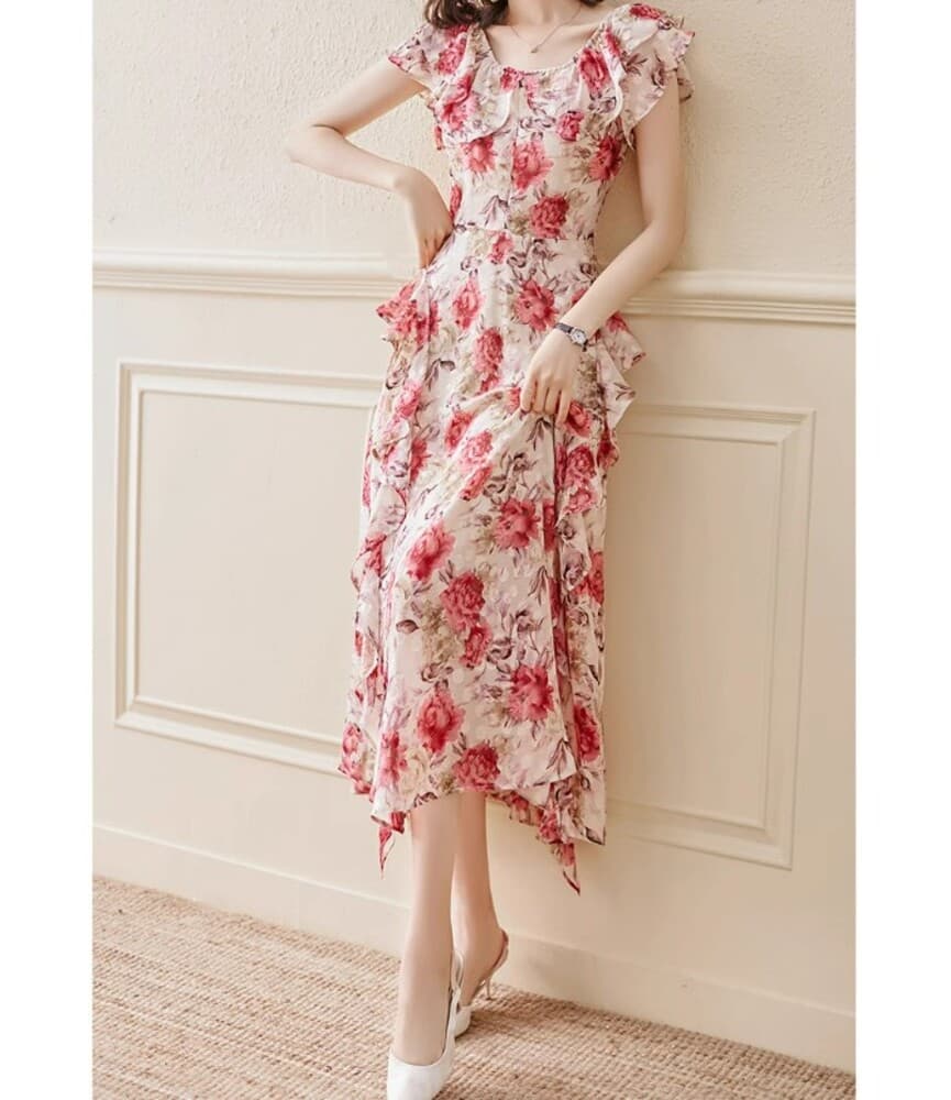 ブルベ夏/ブルベ冬服 シフォン花柄ワンピース