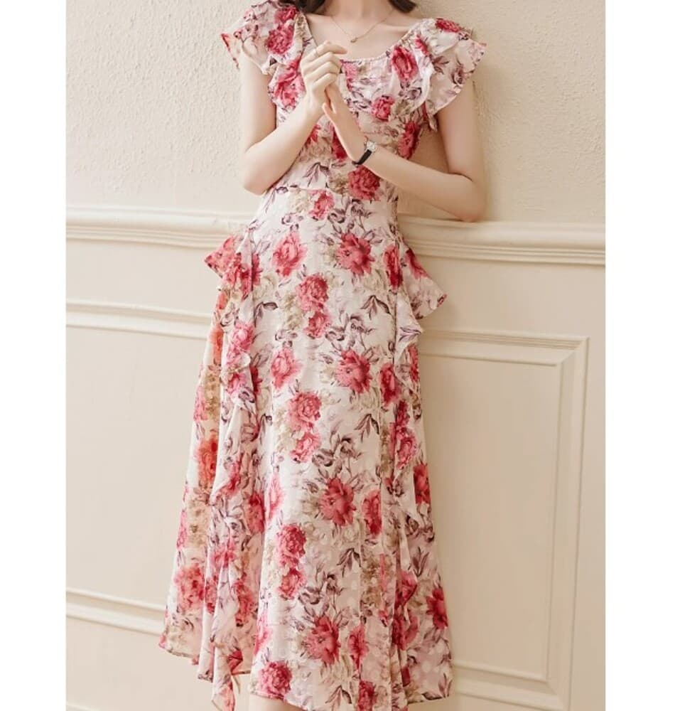 ブルベ夏/ブルベ冬服 シフォン花柄ワンピース