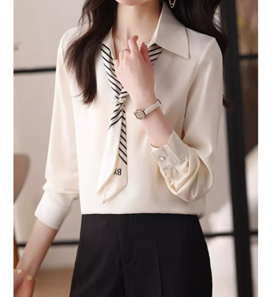 ブルベ夏/ブルベ冬服 ストライプタイシフォンブラウス