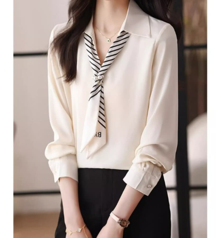 ブルベ夏/ブルベ冬服 ストライプタイシフォンブラウス