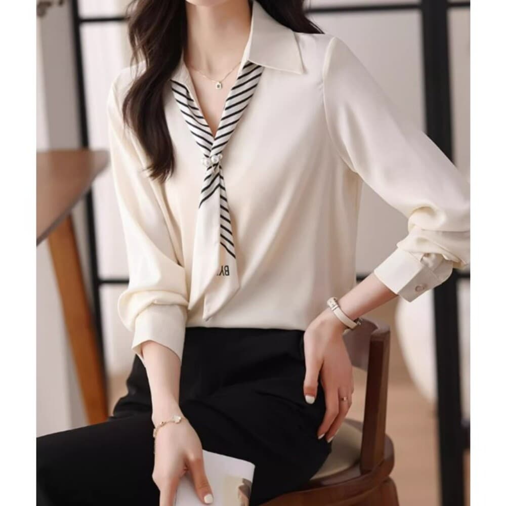 ブルベ夏/ブルベ冬服 ストライプタイシフォンブラウス