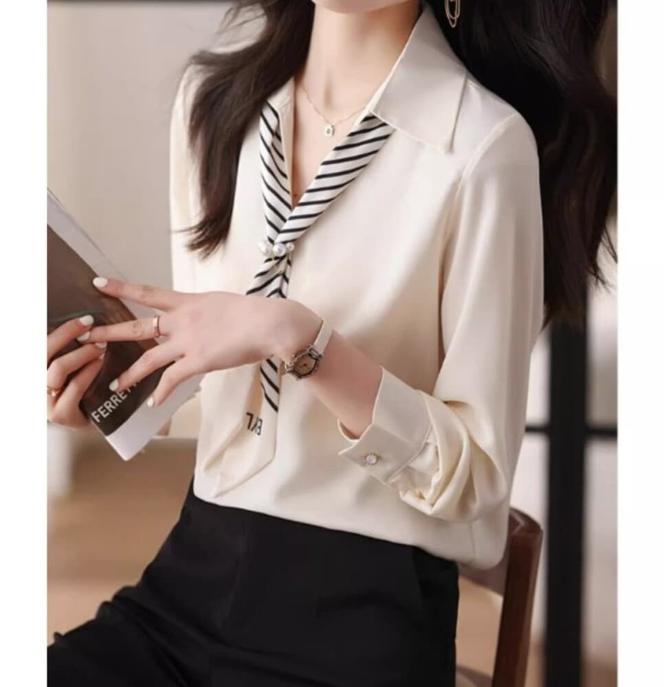 ブルベ夏/ブルベ冬服 ストライプタイシフォンブラウス