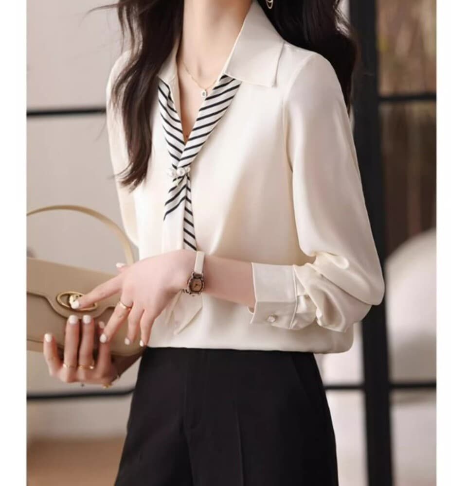 ブルベ夏/ブルベ冬服 ストライプタイシフォンブラウス