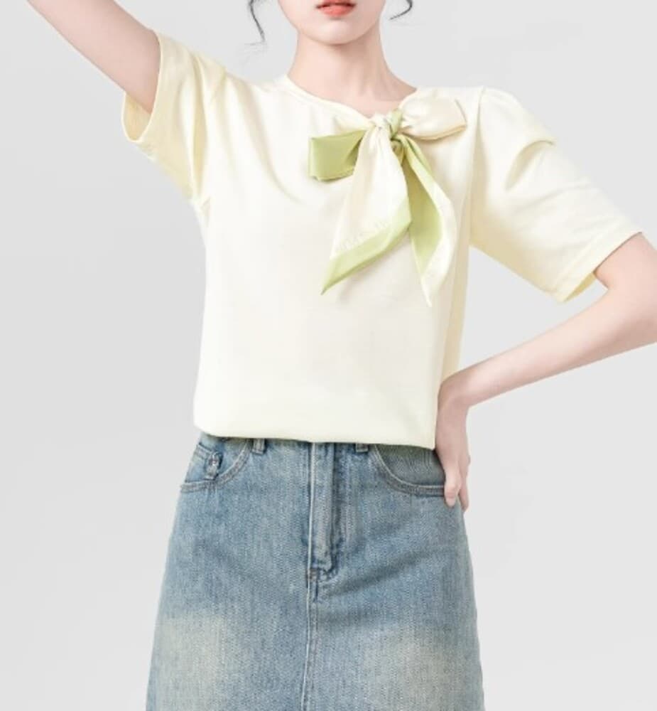 ブルベ夏服 リボン付き クロップドTシャツ