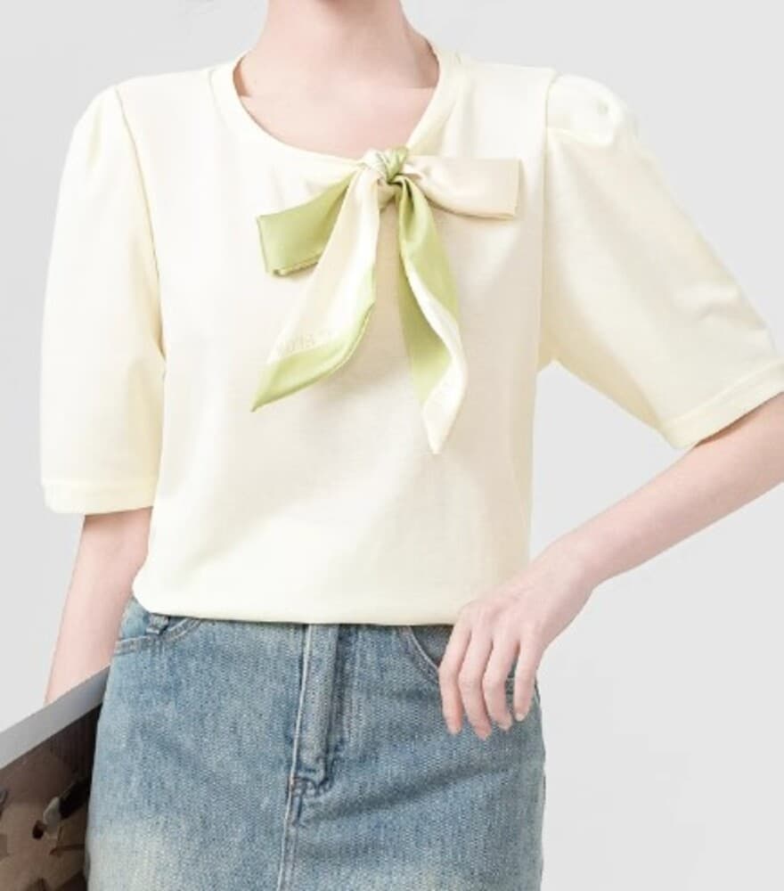 ブルベ夏服 リボン付き クロップドTシャツ