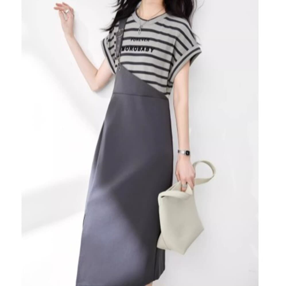 ブルベ夏/ブルベ冬服 重ね着風サスペンダー付きワンピース
