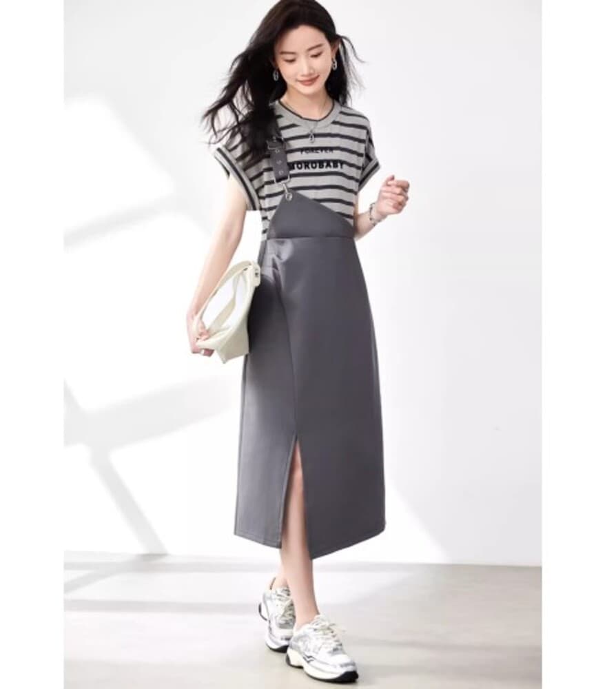 ブルベ夏/ブルベ冬服 重ね着風サスペンダー付きワンピース