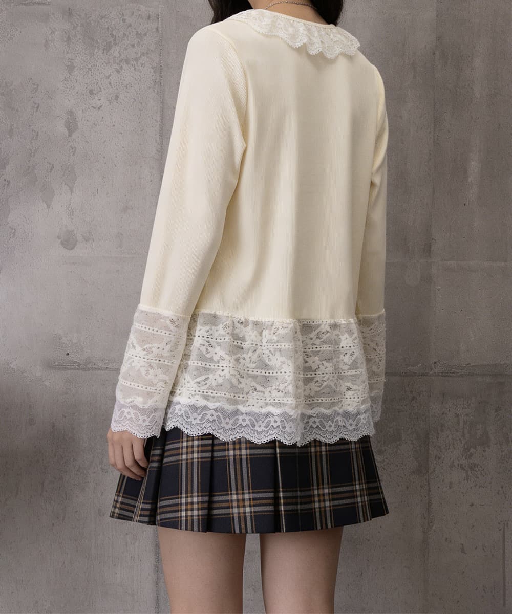 ブルベ夏/ブルベ冬服 レース切り替え長袖ティーシャツ女性らしいトップス