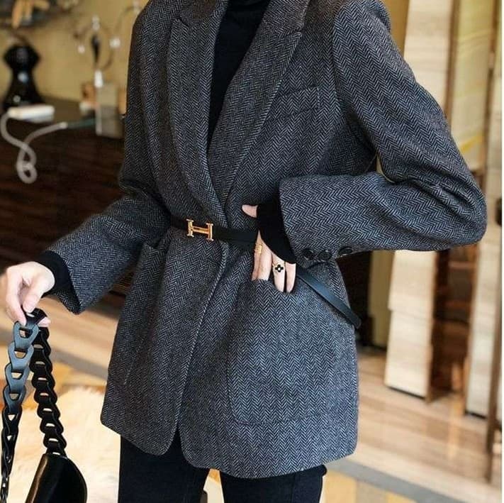 ブルベ冬服 ヘリンボーン柄ベルテッドジャケット