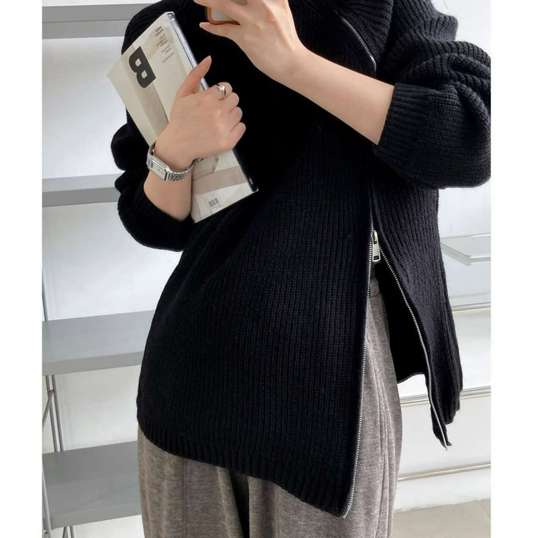 ゆったりリブ編み襟付きセーター