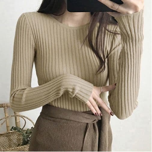 ブルベ夏服 リブニット長袖トップス レディース 秋冬ニット